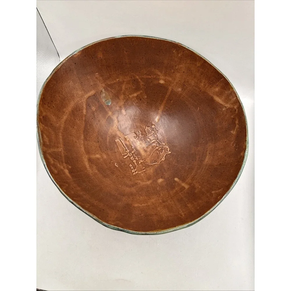 Hand Made Pottery Bowl, Artist Signed JS Blue Green Color Embossed 9.5